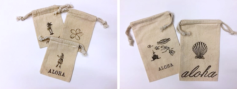 ハワイらしさ100％の麻袋はお土産を入れるのがおすすめです。バラマキのお土産もグレードアップ！麻袋小＄4.80（左）／大＄6.80（右）<br />
