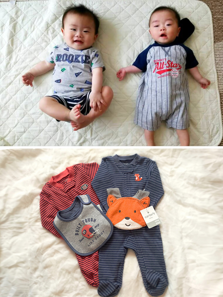 アウトレット価格だから買えば買うほどおトクを実感。ワンピースタイプのベビー服「Carter’s」 ワンピース＄9.00〜16.00、 スタイ＄8.00〜　（ワイケレ・プレミアム・アウトレット）