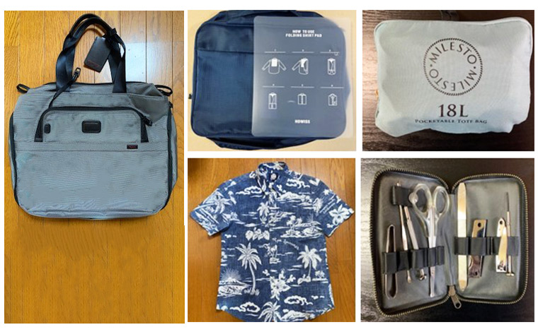 機能的な「トゥミ」のトート。お気に入りのアロハや長期滞在に必要なエチケット小物は専用ケースでコンパクトに。「ミレスト」のたためるバッグも必携です。