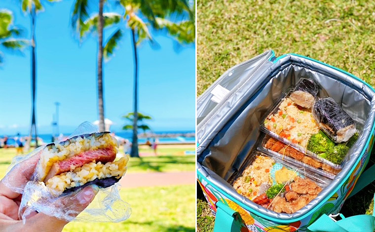 ハワイのソウルフードとも言える「スパムむすび」はお弁当の定番。青空の下で食べるのは最高！