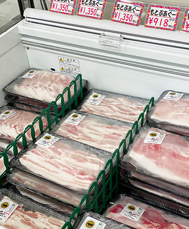 金色にアグー豚のシルエットが描かれた「本部町産あぐ～」のロゴマークが目印です。