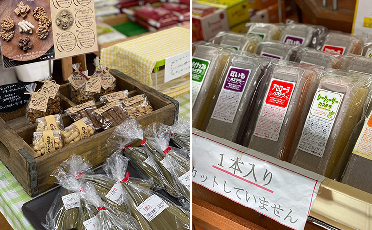 （左）ベジークッキーの手前ある「カーサムーチー」は沖縄伝統のお餅のお菓子。<br />
（右）カステラはアセロラと並んで、シークワーサーも人気だそう。<br />
