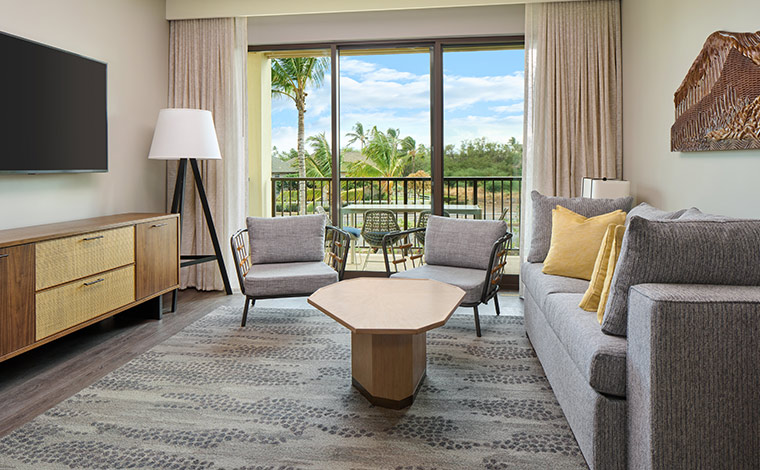 マウイベイヴィラズ・ヒルトングランドバケーションズクラブのリビング