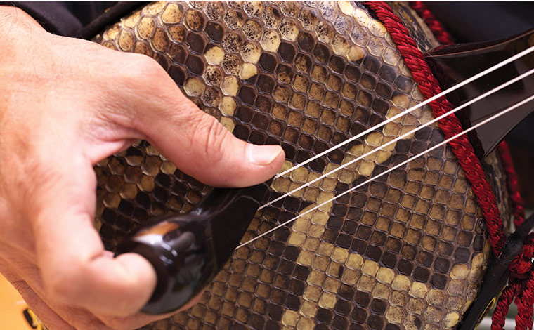 3本の弦で音を奏でる三線。（写真提供：©沖縄観光コンベンションビューロー）