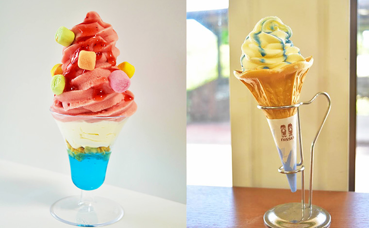 花をイメージした期間限定のブーゲンパルフェSサイズ（左）とヒスイカズラソフト（右）。<br />
写真提供：東南植物楽園