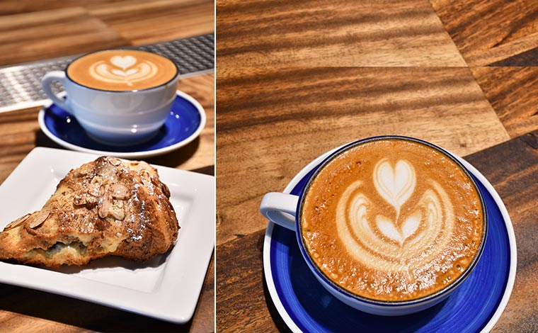 カフェラテ　7.25ドル、マウイ・パイナップル・ココナッツ・アーモンド・クロワッサン6.25ドル